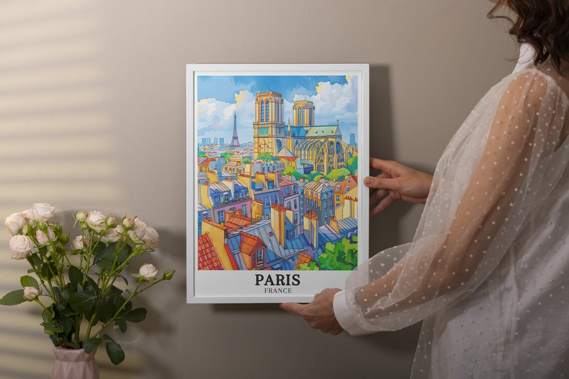 Notre Dame Cathedral Paris Rooftops Watercolor Travel Poster - Image 2