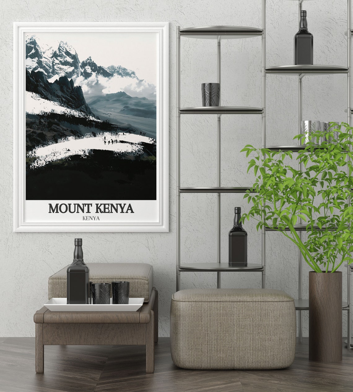 Mount Kenya Snowy Peaks Black and White Mountain Travel Poster - Image 2