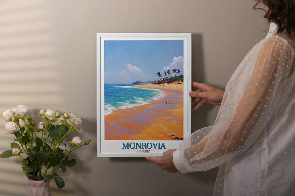 Monrovia Elwa Beach Golden Sand Turquoise Waves Travel Art Poster - Image 3