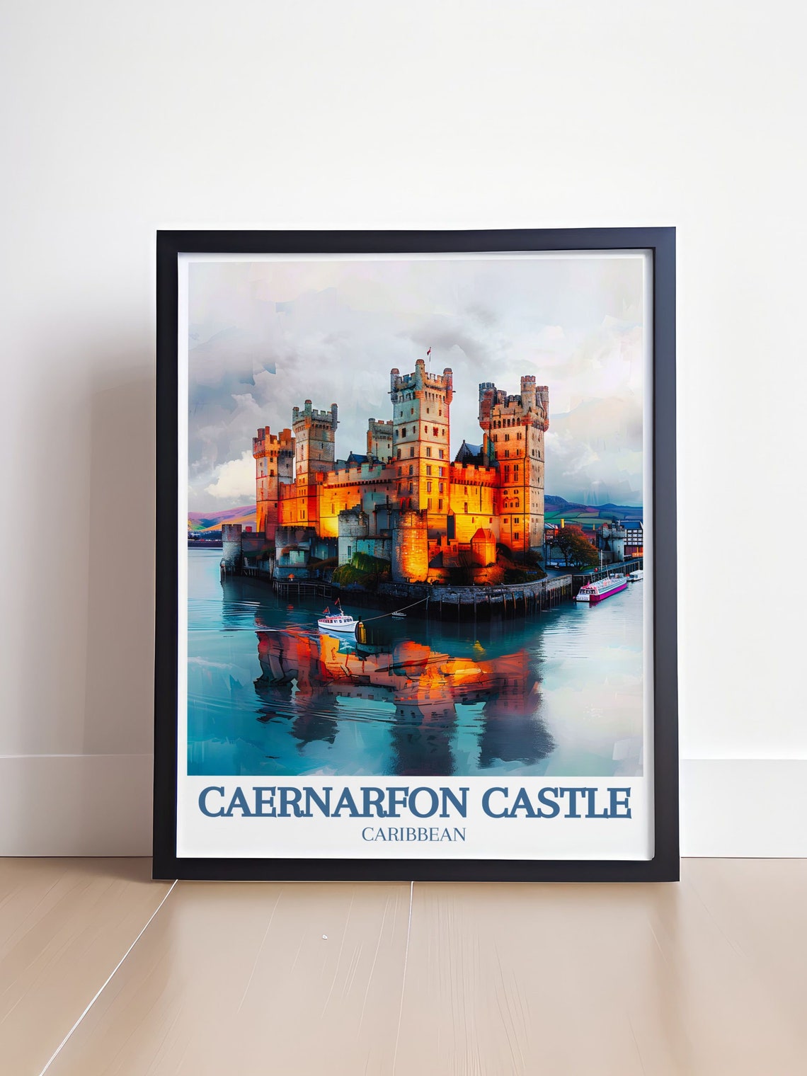 Caernarfon Castle Wales Sunset Glow Calm Water Reflection Poster - Image 4