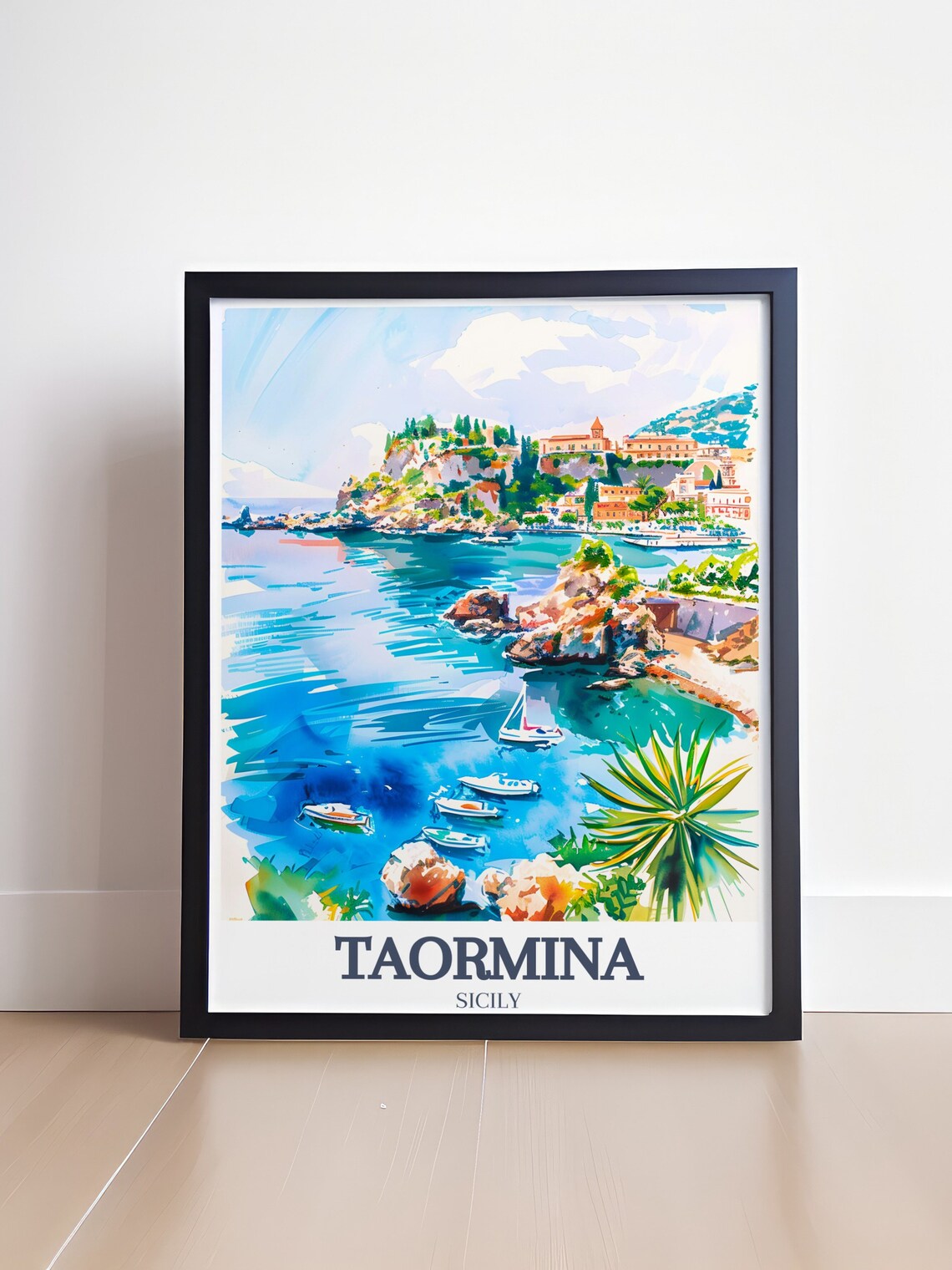 Taormina Sicily Isola Bella Watercolor Boats Coast Travel Poster - Image 4