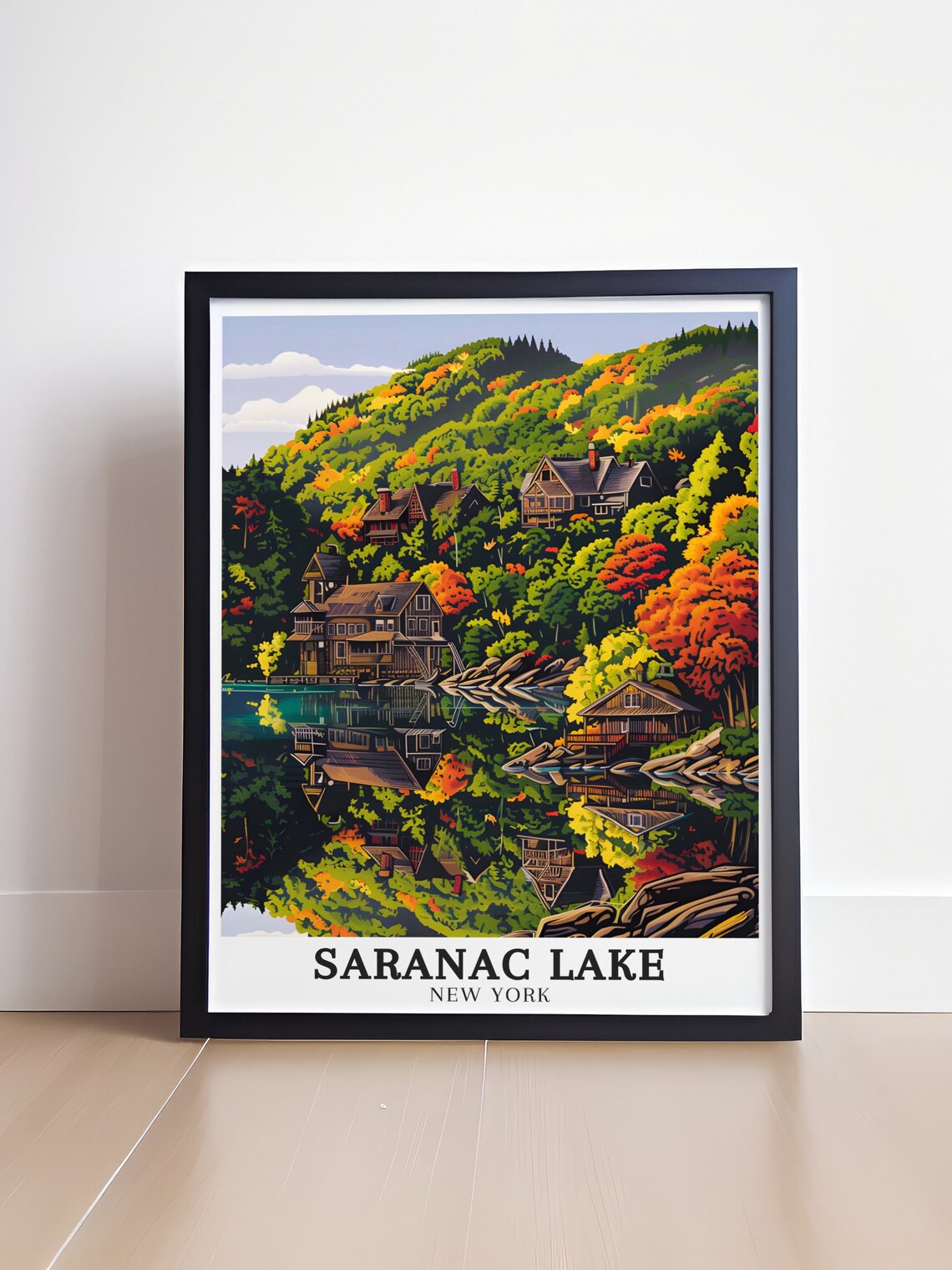 Saranac Lake Autumn Cabins Lakeside Retreat Fall Travel Poster - Image 4