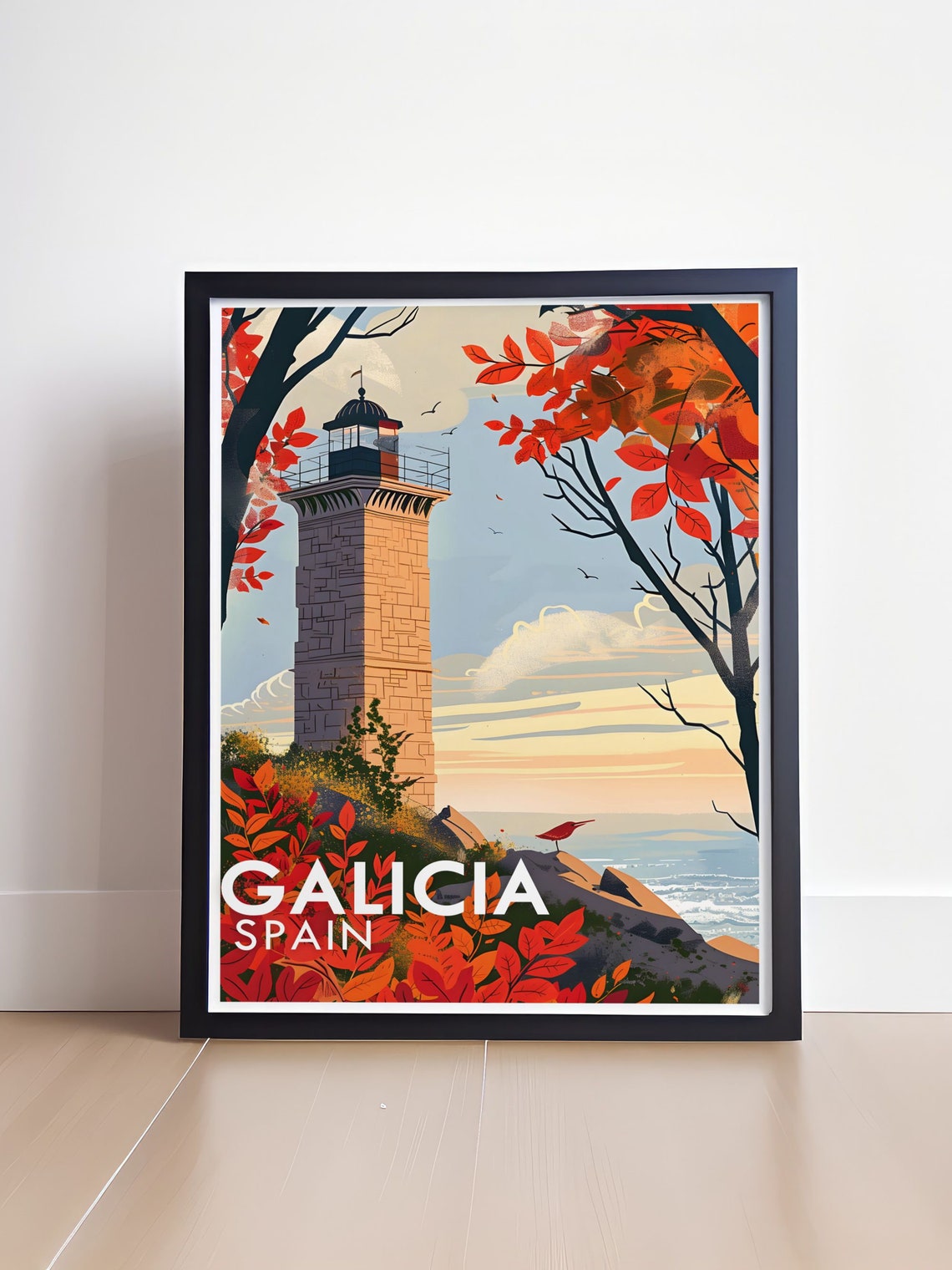 Galicia Spain Stone Lighthouse Framed by Red Autumn Trees Poster - Image 4
