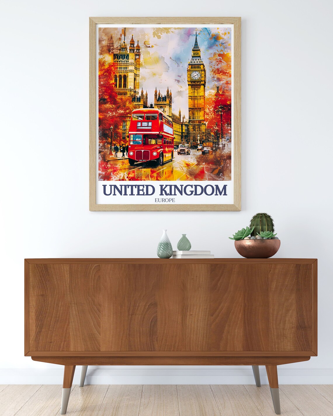 London Big Ben Red Double Decker Bus Watercolor UK Travel Poster - Image 2