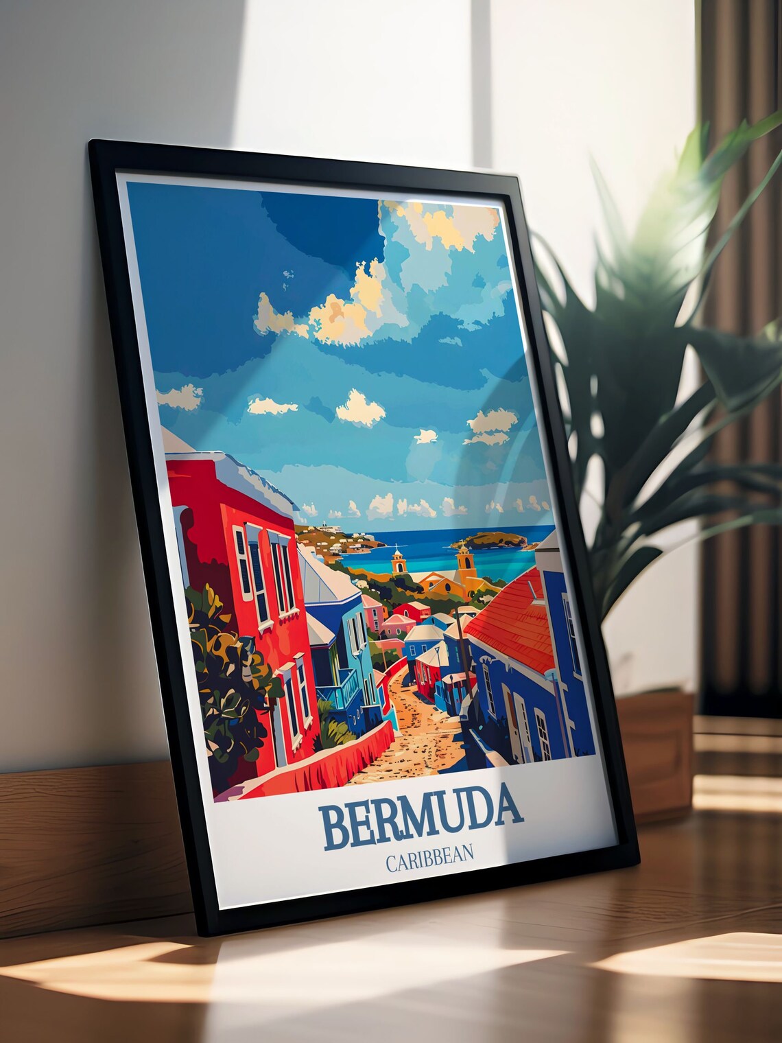 Bermuda Colorful Colonial Street Red Blue Houses Sea View Poster - Image 3