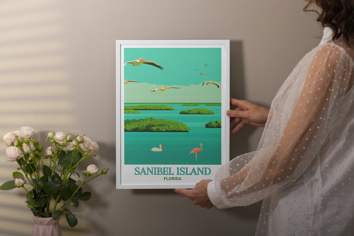 Sanibel Island Florida Pelican Flamingo Turquoise Bay Travel Poster - Image 3