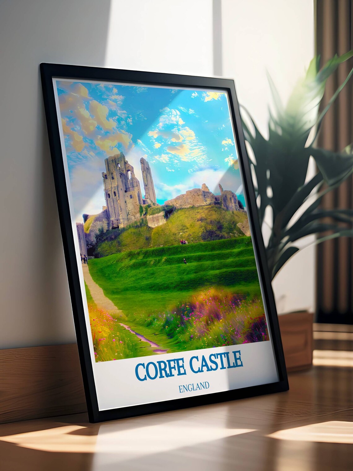 Corfe Castle England Ruins Green Hill Spring Countryside Travel Poster - Image 2