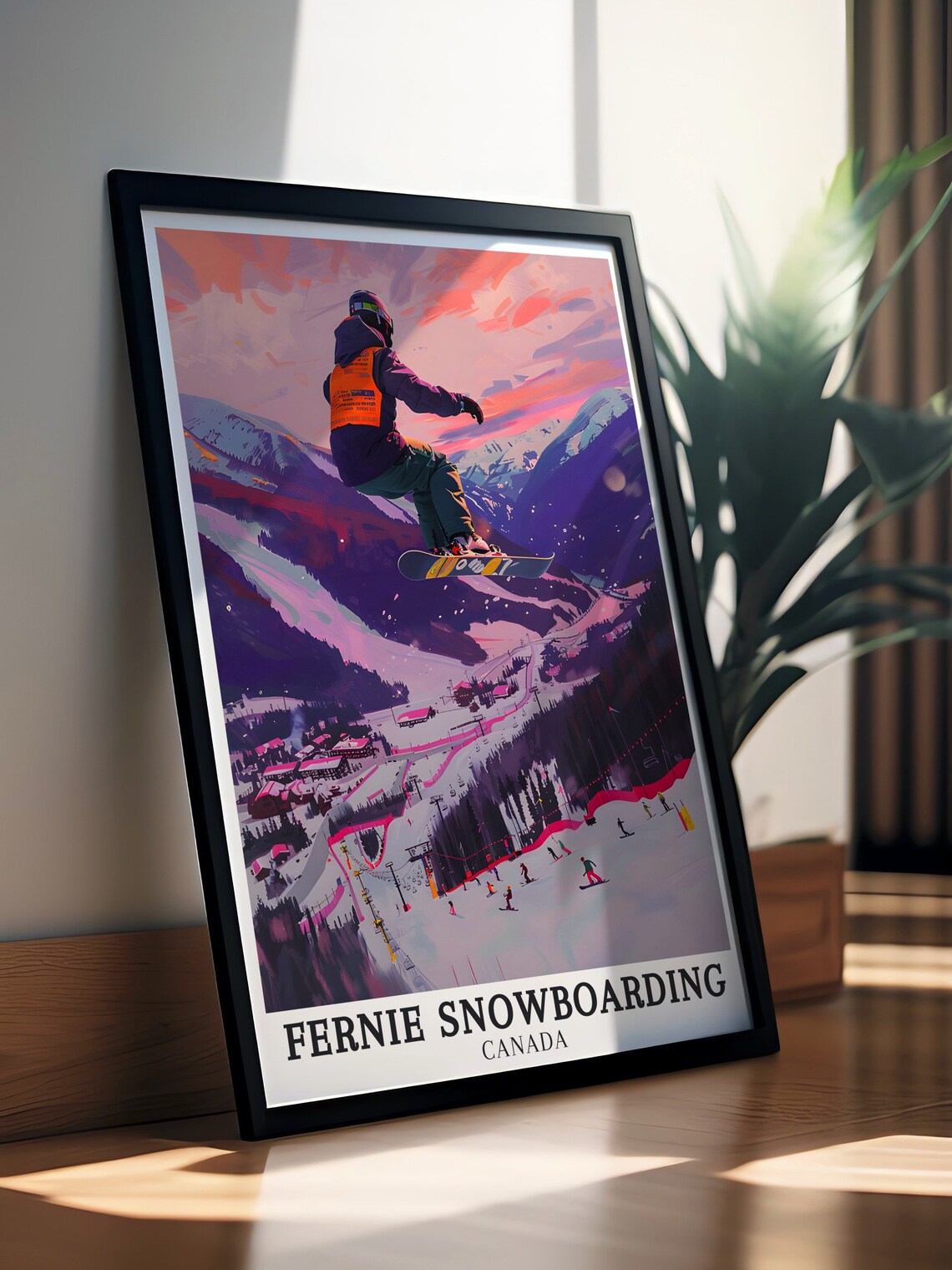 Fernie Snowboarding Canada Sunset Jump Mountain Resort Poster - Image 2