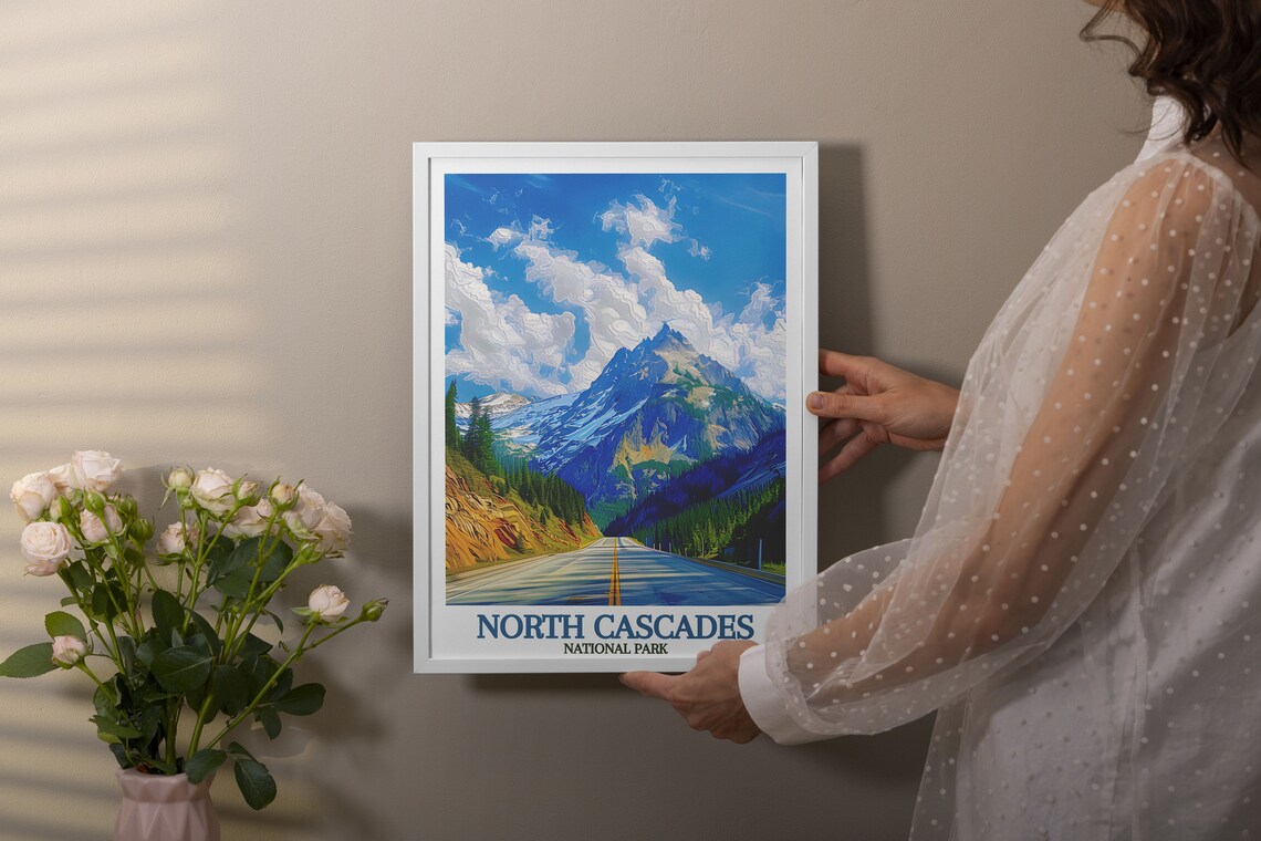 North Cascades Highway Open Mountain Road Under Blue Sky Park Poster - Image 2