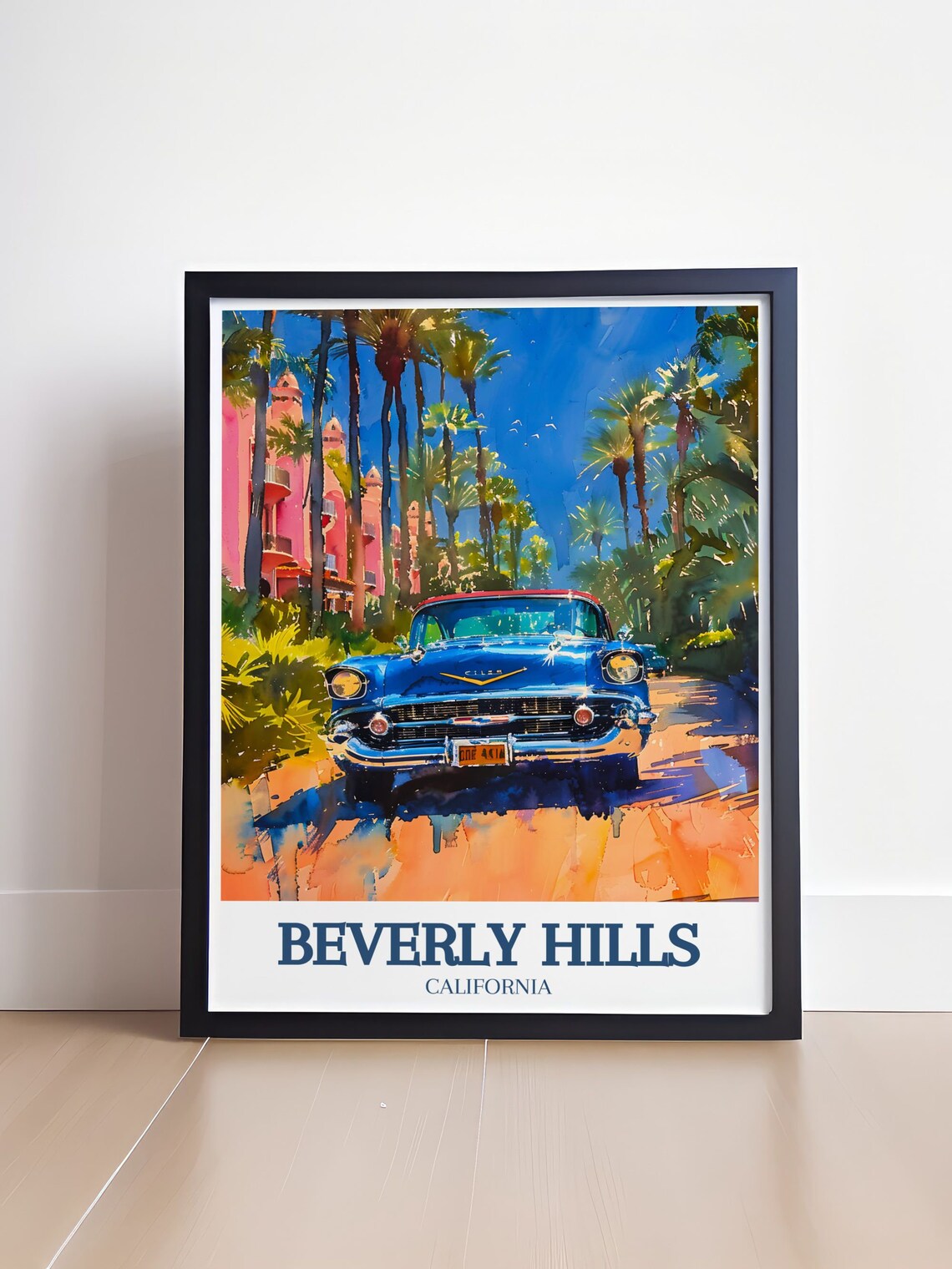 Beverly Hills California Classic Blue Car Pink Hotel Palms Poster - Image 4