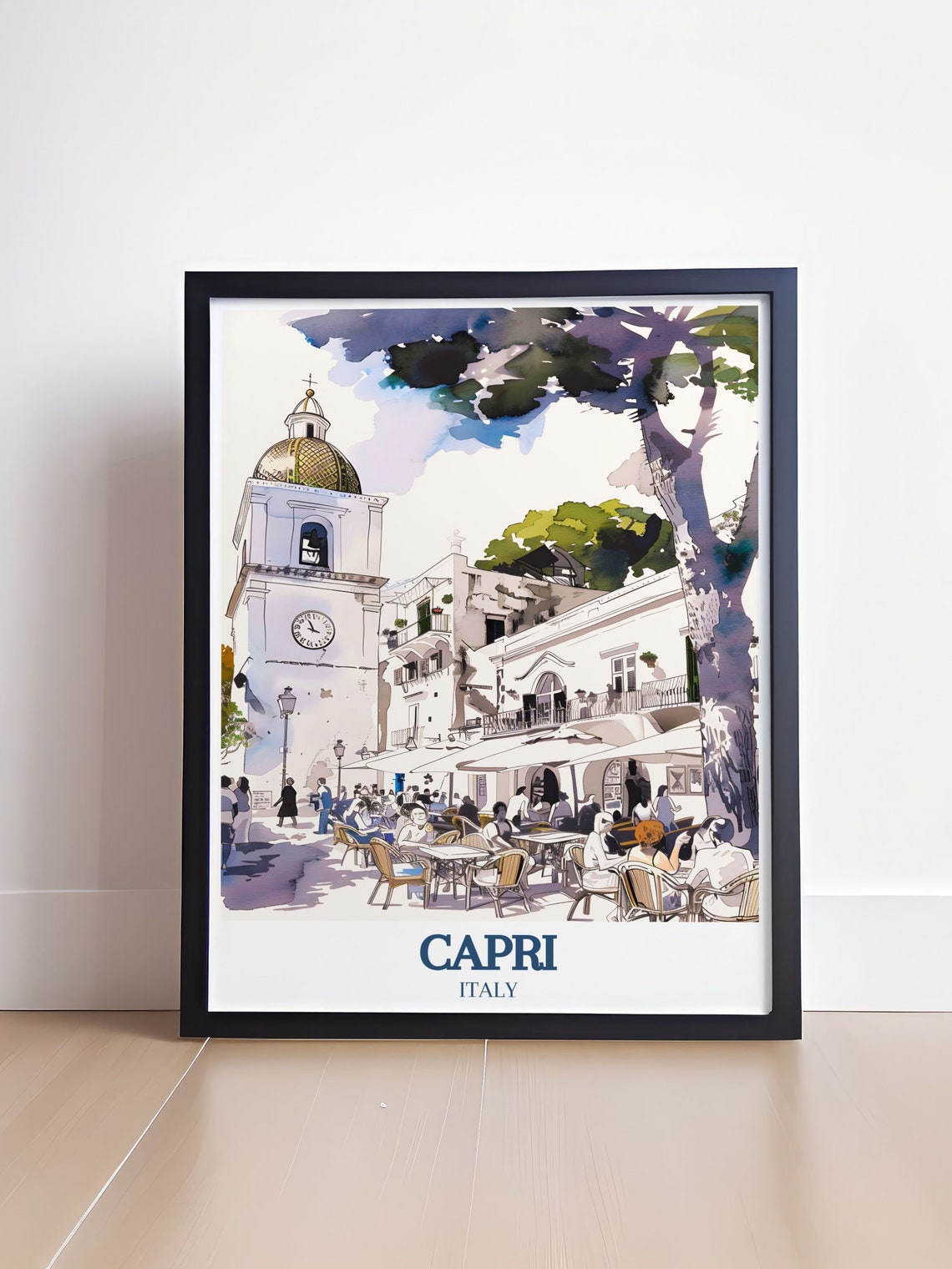 Capri Italy Piazzetta Clock Tower Cafe Scene Watercolor Poster - Image 4