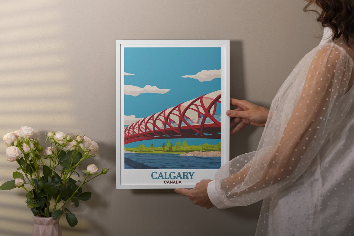 Calgary Canada Travel Poster Peace Bridge Bow River Red Design - Image 3