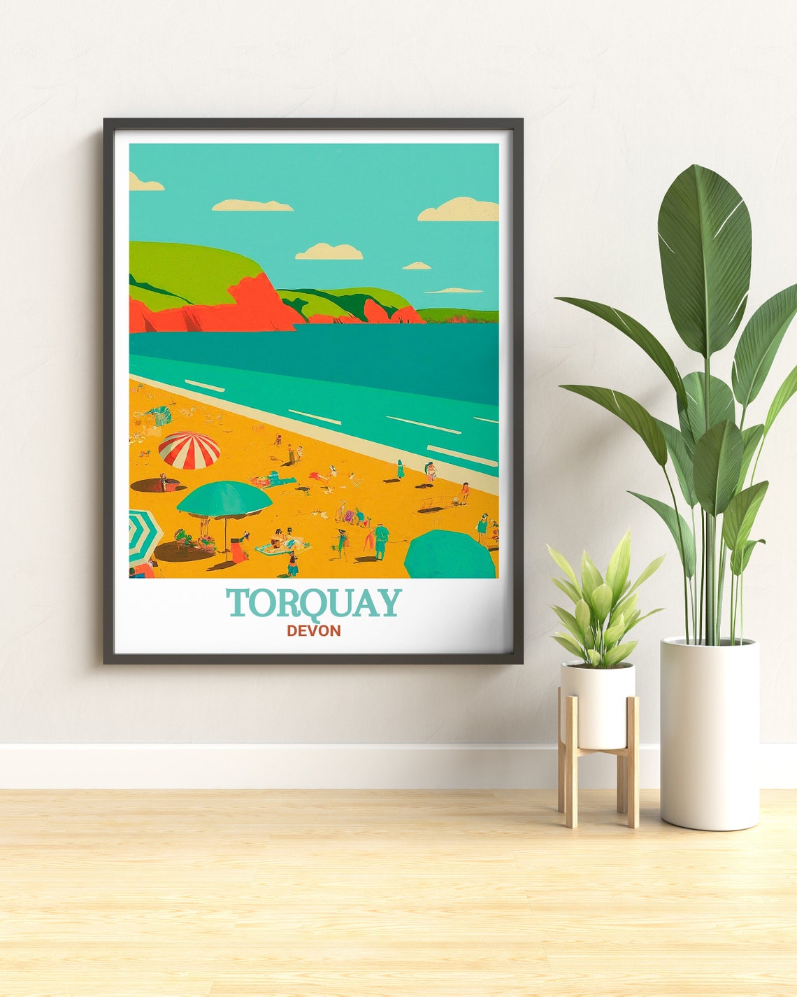 Torquay Devon Meadfoot Beach Umbrellas Red Cliffs Sunny Travel Poster - Image 3