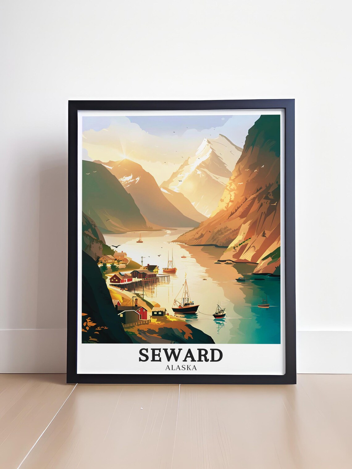 Seward Alaska Fishing Harbor Sunrise Fjord Scene Travel Poster - Image 4