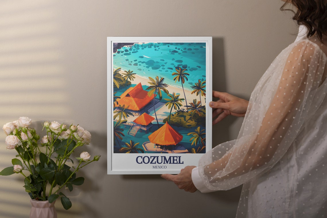 Cozumel Mexico Palm Beach Thatched Hut Tropical Travel Poster - Image 3