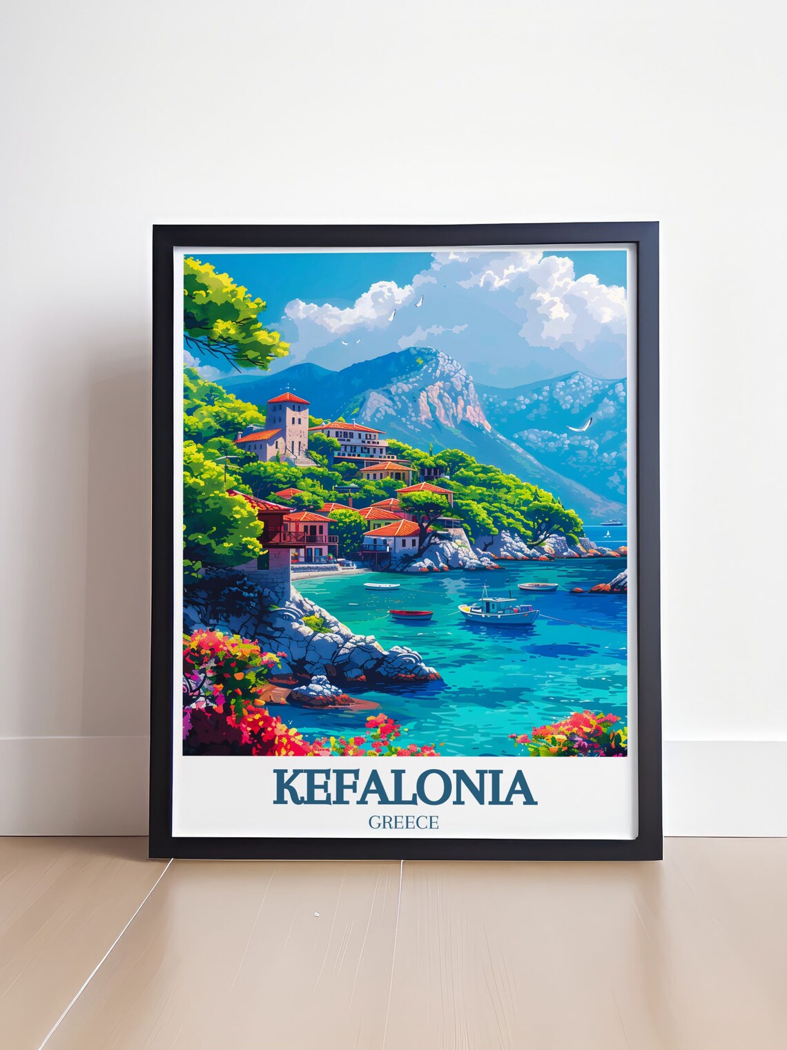 Kefalonia Greece Fishing Boats Turquoise Bay Village Travel Poster - Image 4