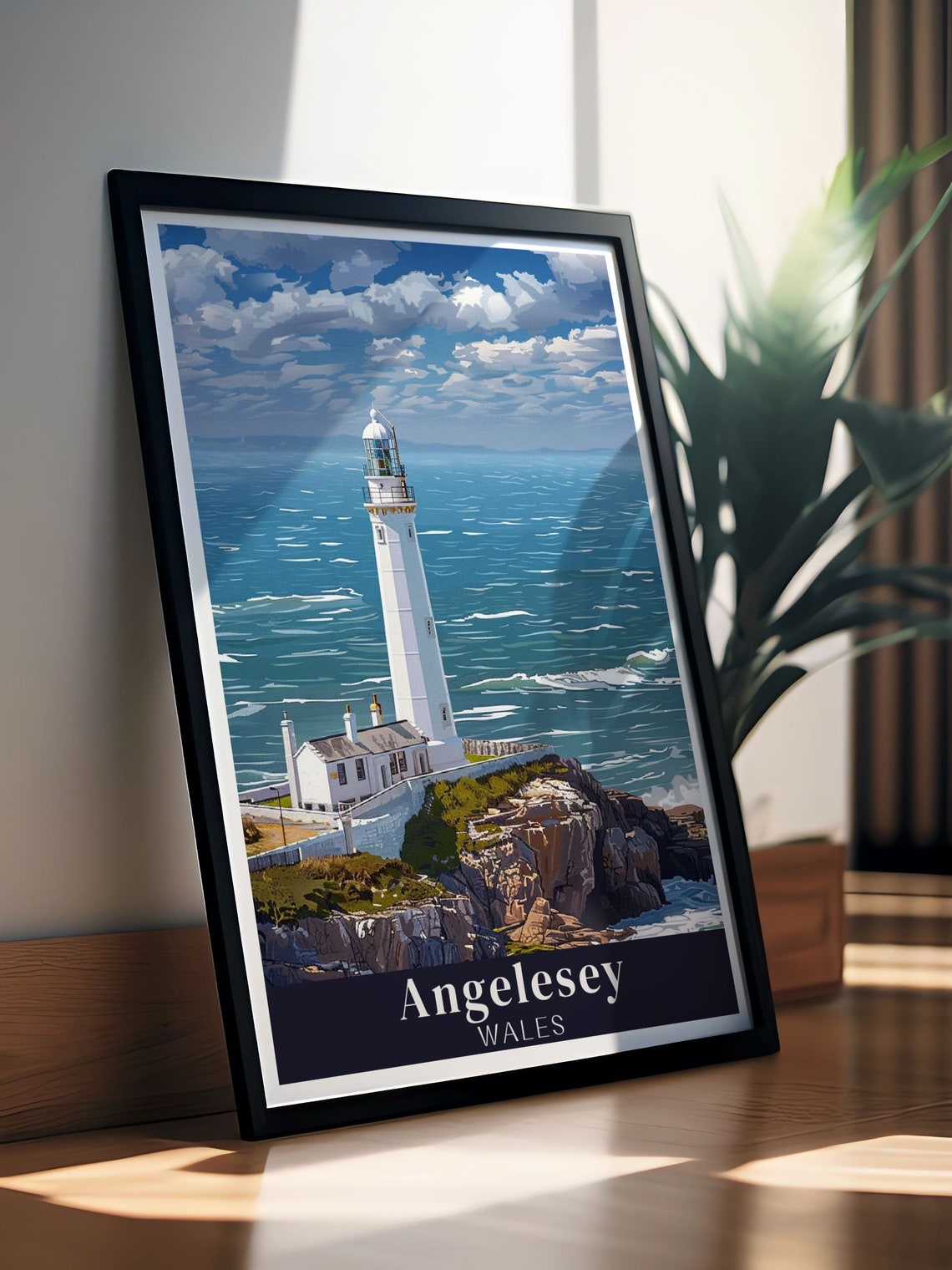 Anglesey Wales White Lighthouse Poster on Rugged Rocky Sea Cliffs - Image 2