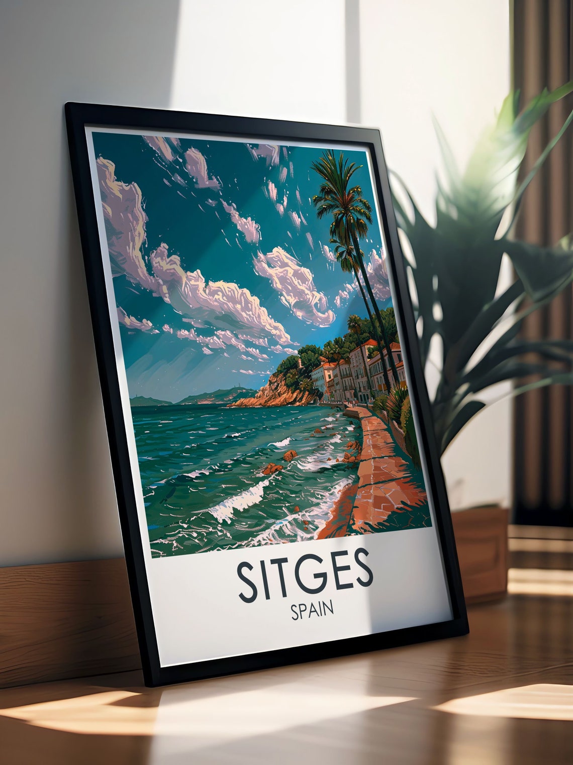 Sitges Spain Coastal Promenade Palm Trees Ocean Waves Travel Poster - Image 3