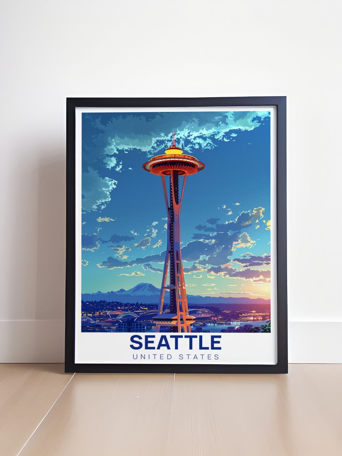 Seattle Space Needle Sunset Mount Rainier Skyline Travel Poster - Image 4