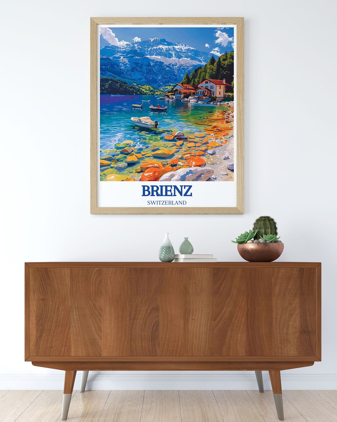 Brienz Switzerland Village Shoreline Boats Beneath Snowy Alps Poster - Image 3