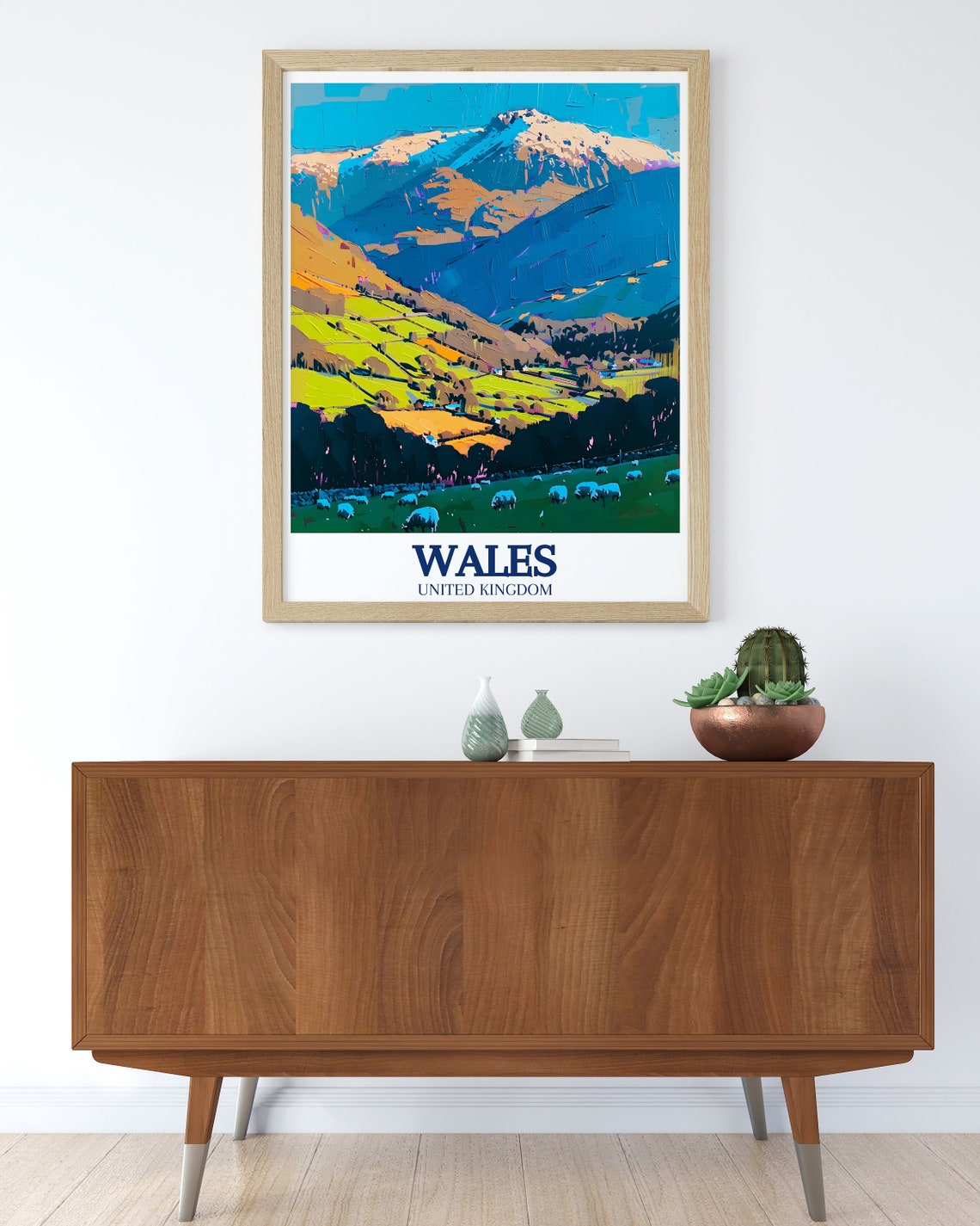 Wales Snowdonia Sheep Meadow Colorful Mountains Travel Poster - Image 2