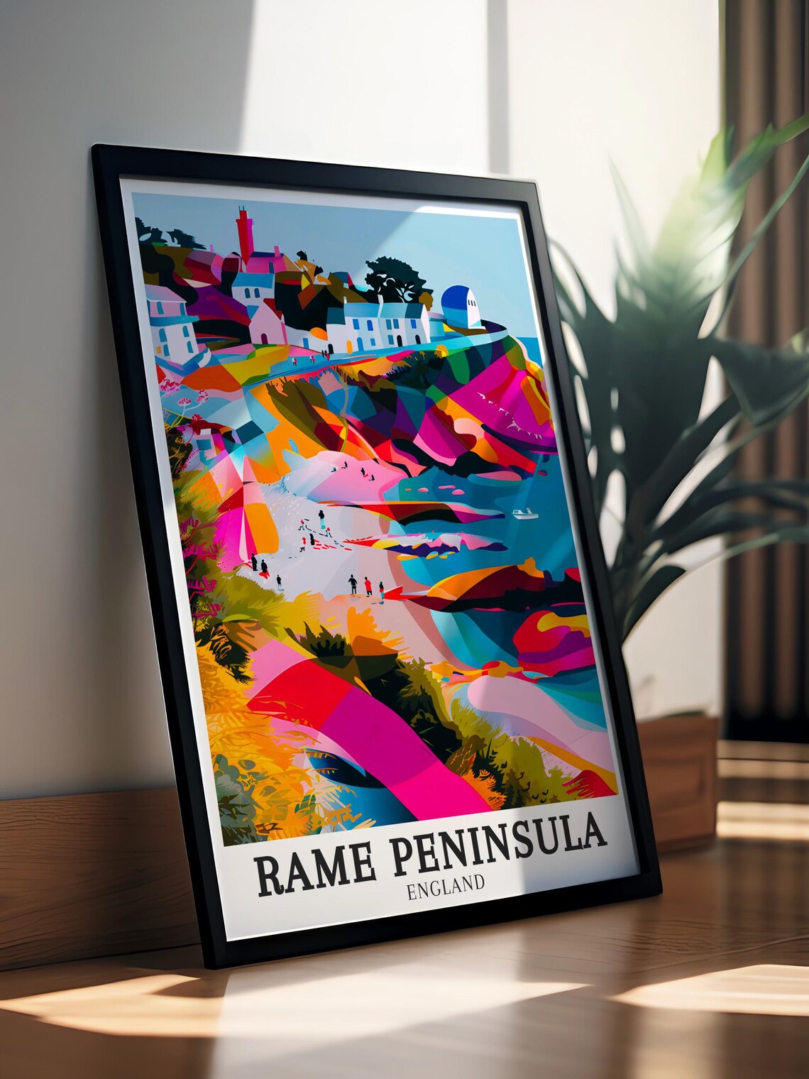 Rame Peninsula England Colorful Beach Clifftop Houses Poster - Image 2