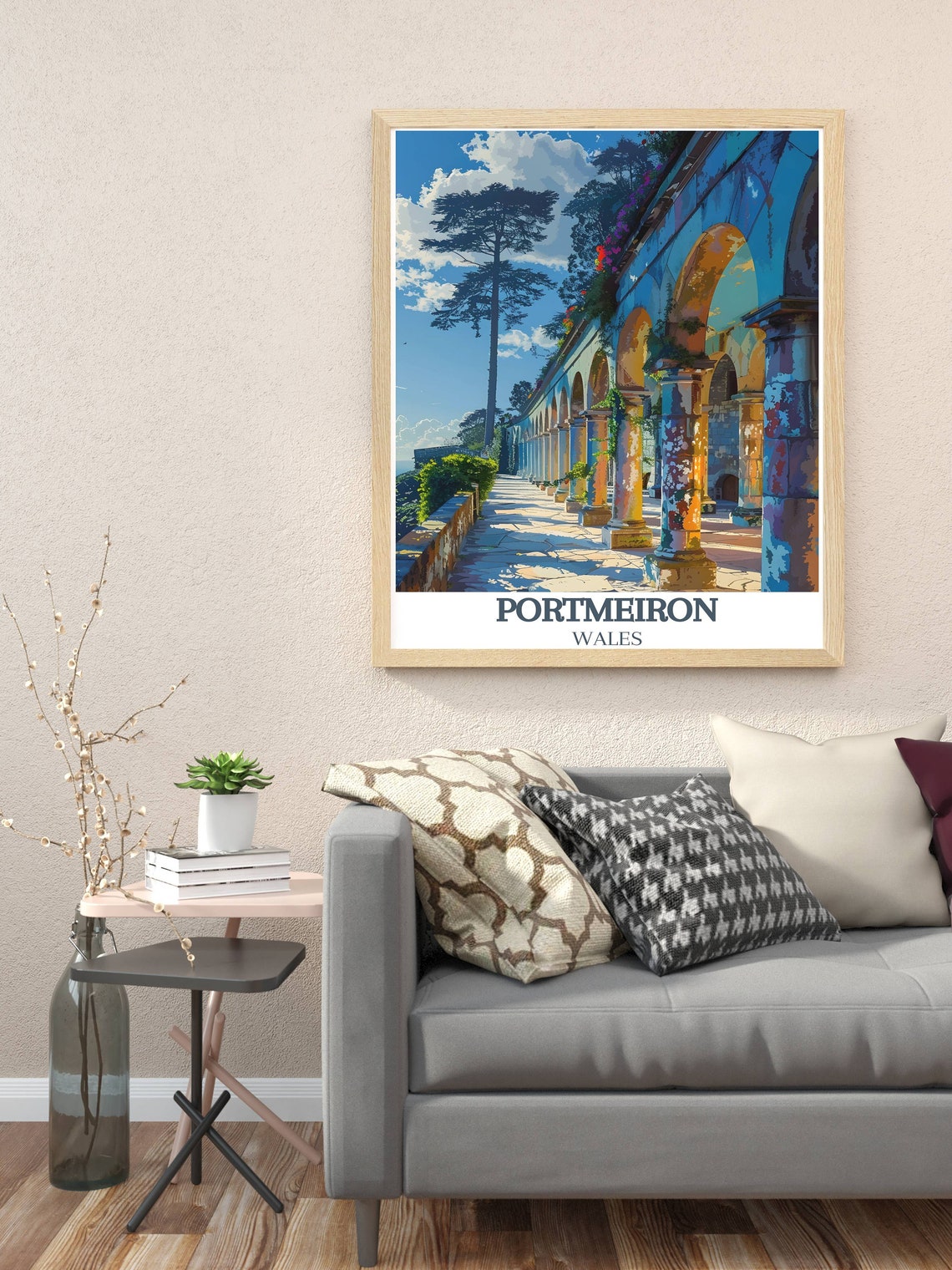 Portmeirion Flower Terrace Stone Colonnade Under Blue Sky Poster - Image 3