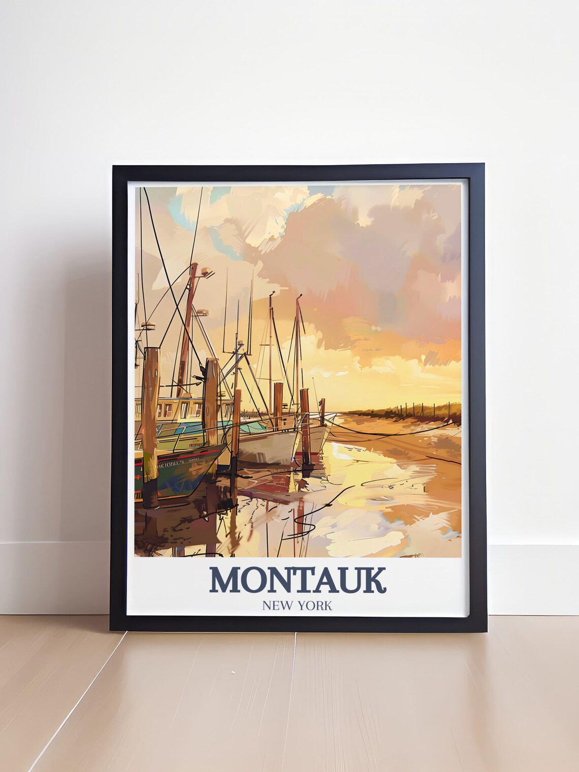 Montauk Harbor Fishing Boats Golden Sunset Travel Art Poster - Image 4