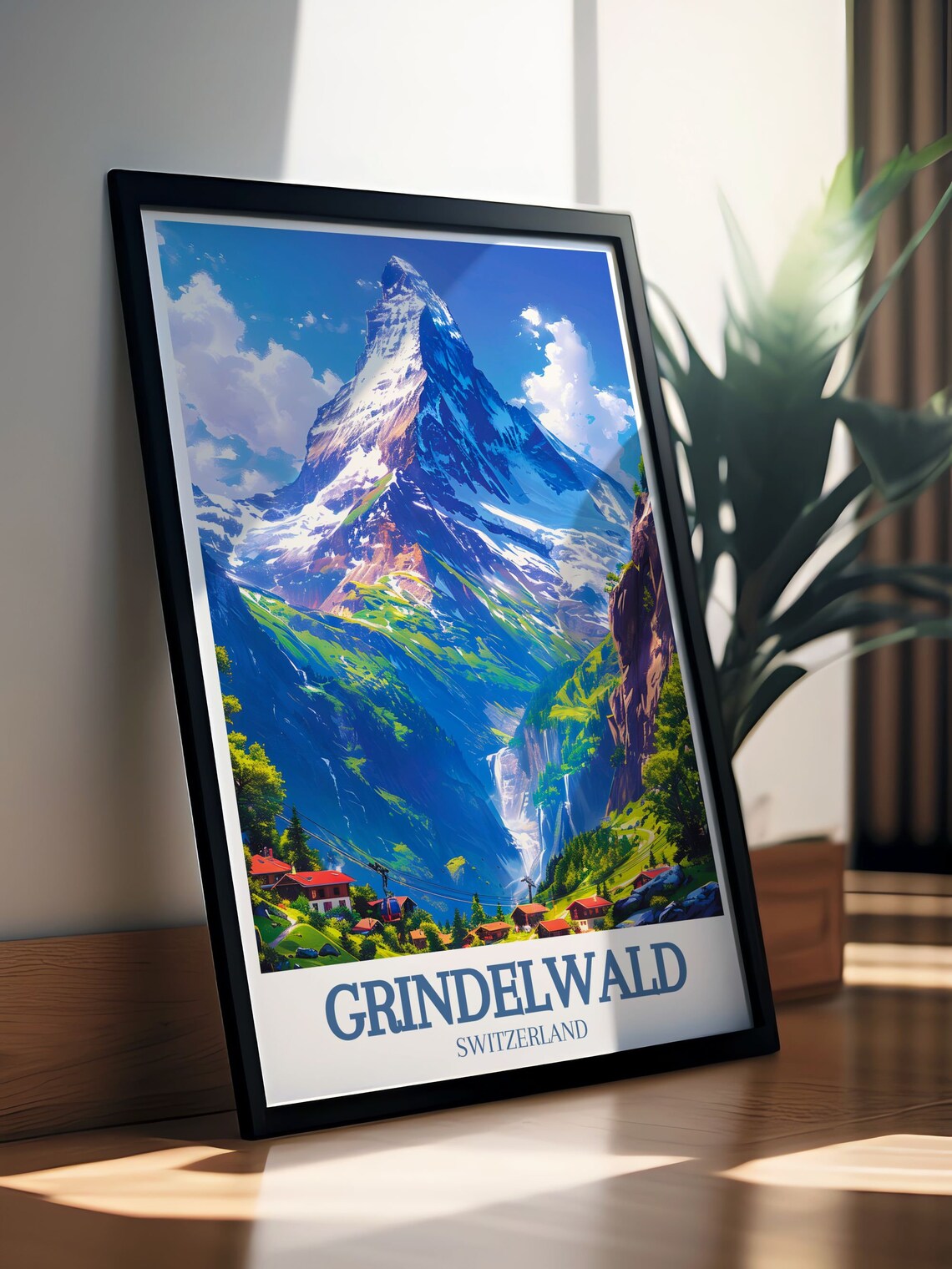Grindelwald Village Cable Car Alpine Peaks Switzerland Travel Poster - Image 2