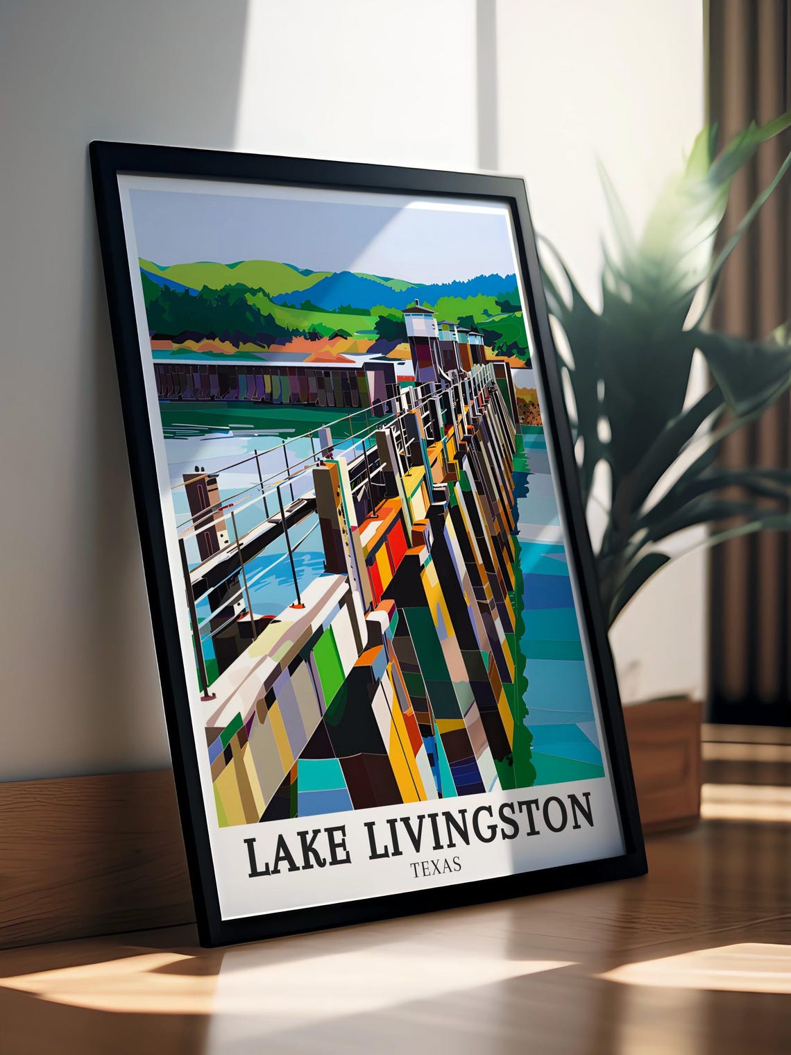 Lake Livingston Texas Dam Geometric Pop Art Colorful Travel Poster - Image 2