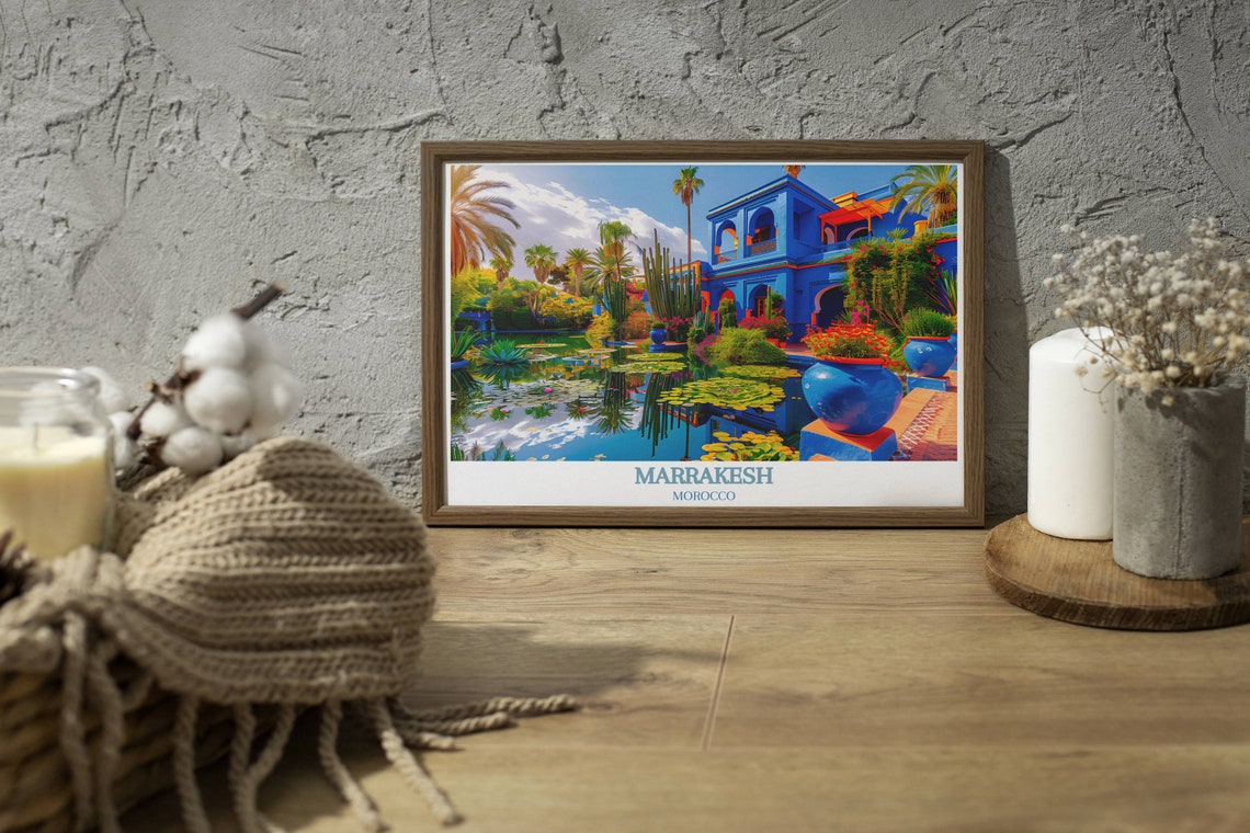 Marrakesh Majorelle Garden Palm Lily Pond Reflection Scene Poster - Image 4