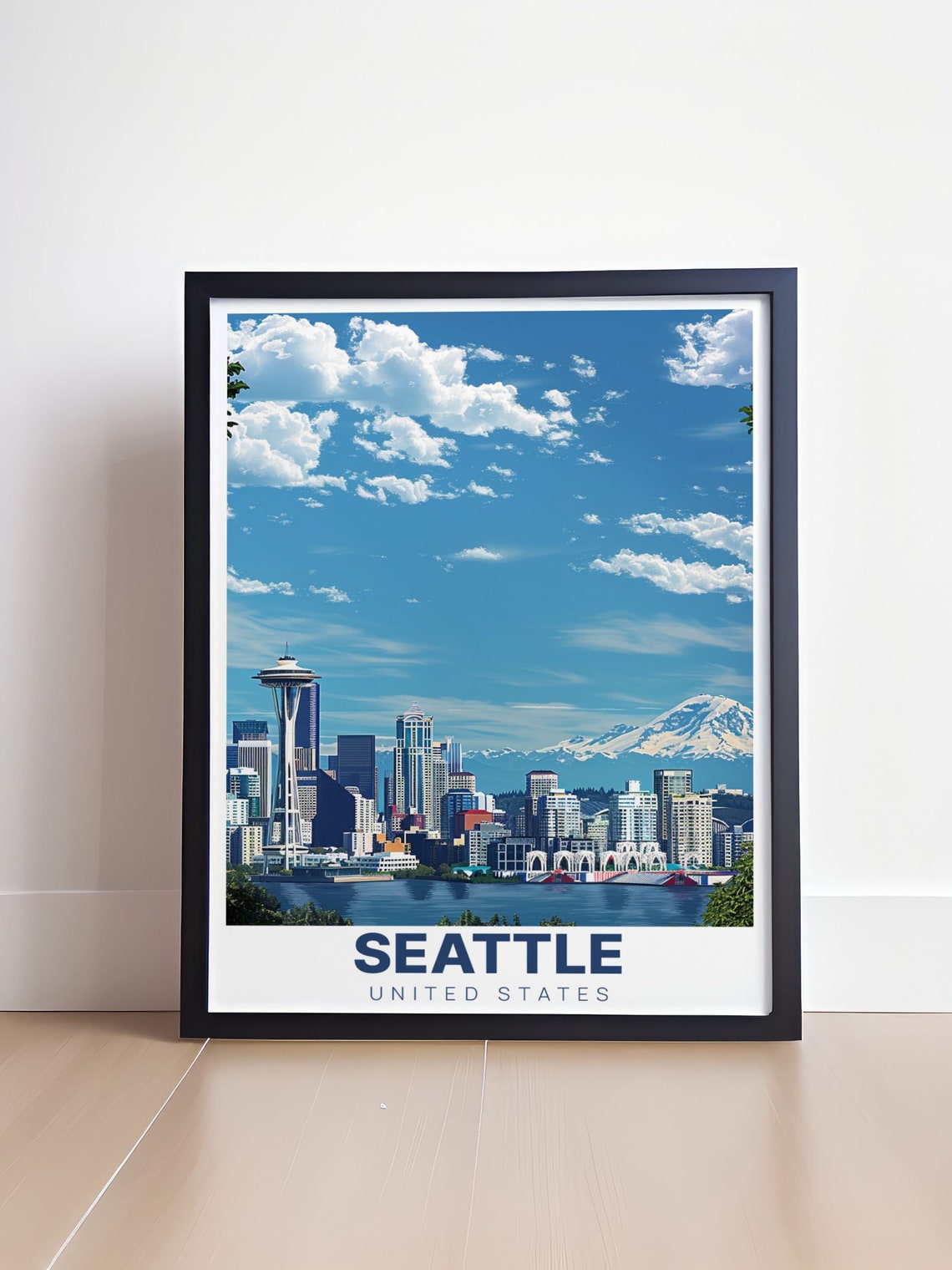 Seattle Space Needle Mount Rainier Bright Blue Sky Skyline Poster - Image 4