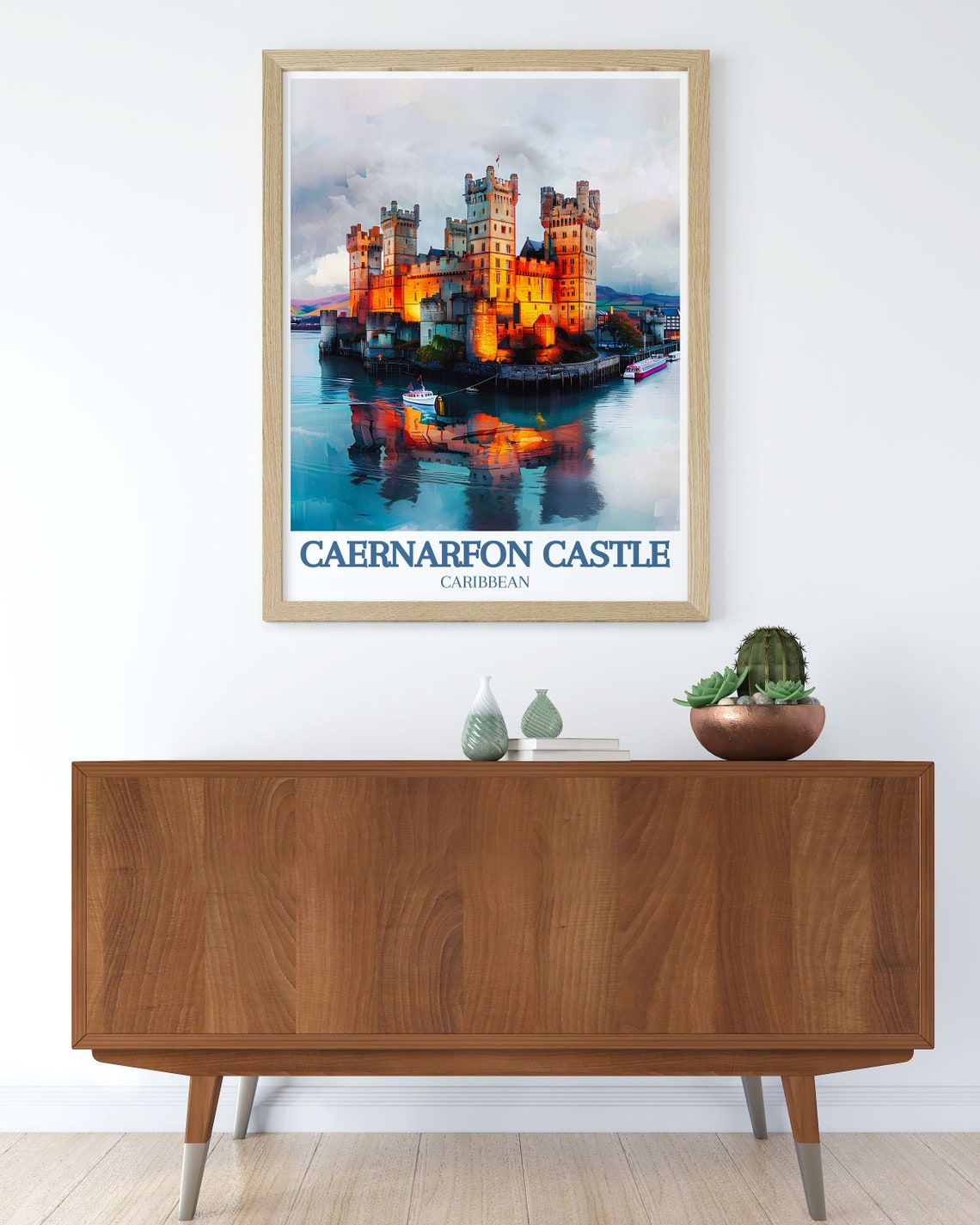 Caernarfon Castle Wales Sunset Glow Calm Water Reflection Poster - Image 3