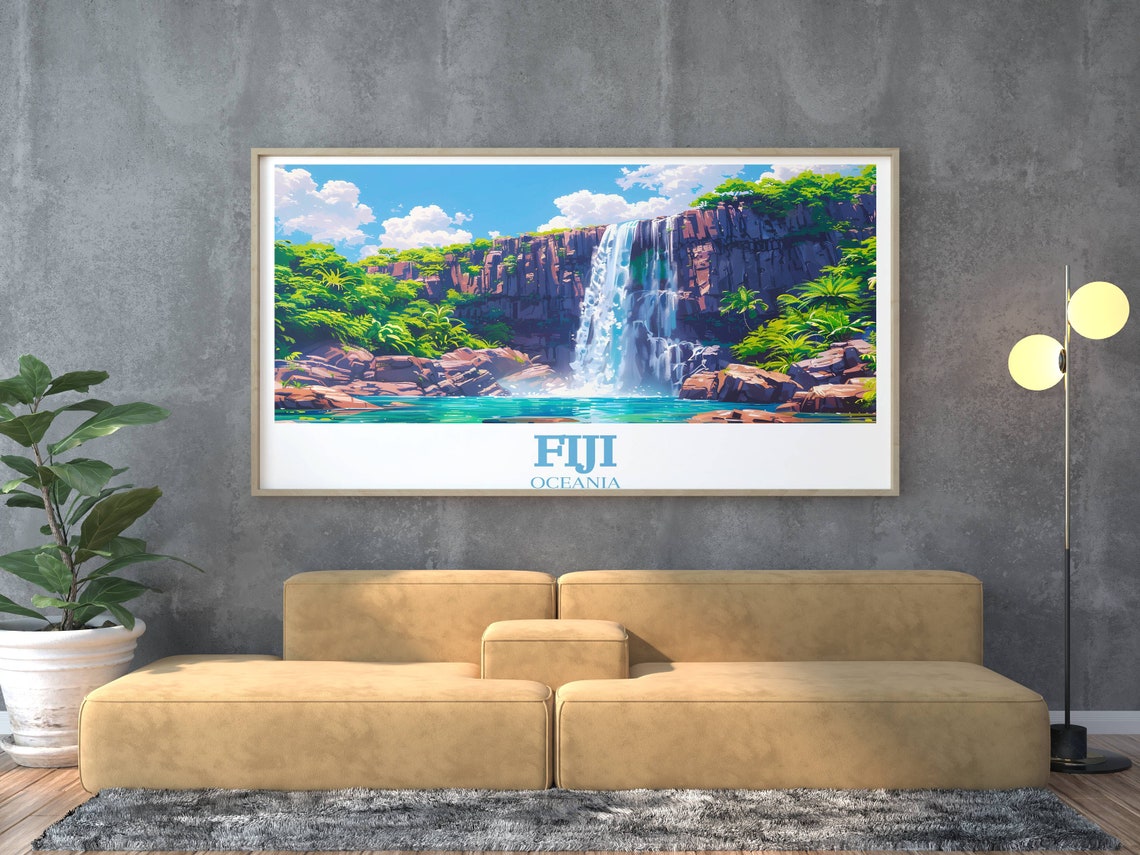 Fiji Waterfall Taveuni Tropical Cliff Jungle Pool Art Poster - Image 2