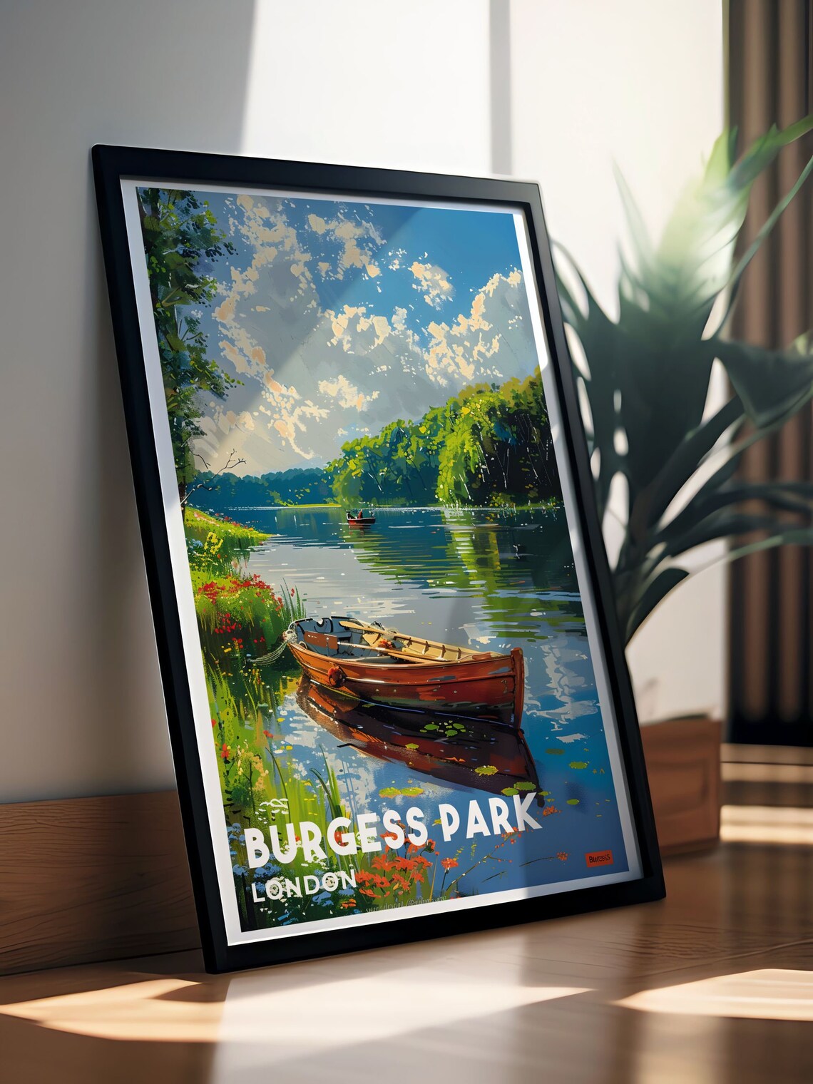 Burgess Park London Lake With Wooden Rowboats Vintage Travel Poster - Image 2