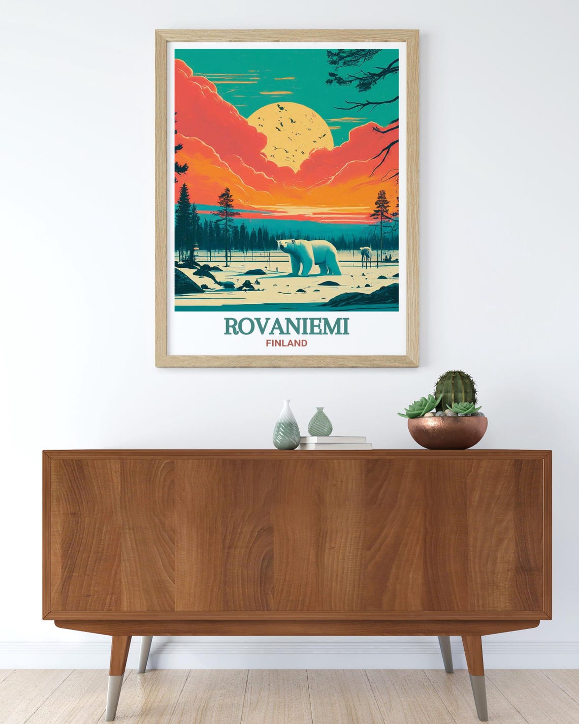 Rovaniemi Finland Poster with Polar Bear in Arctic Sunset Scene - Image 2