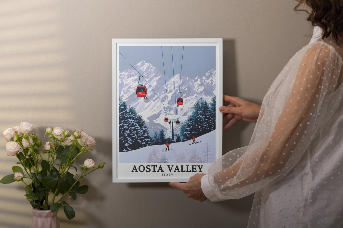 Aosta Valley Ski Resort Red Cable Cars Snowy Slopes Travel Poster - Image 2