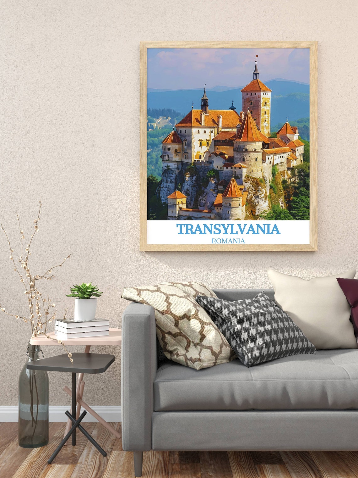 Transylvania Romania Travel Poster Bran Castle Red Rooftops View - Image 3