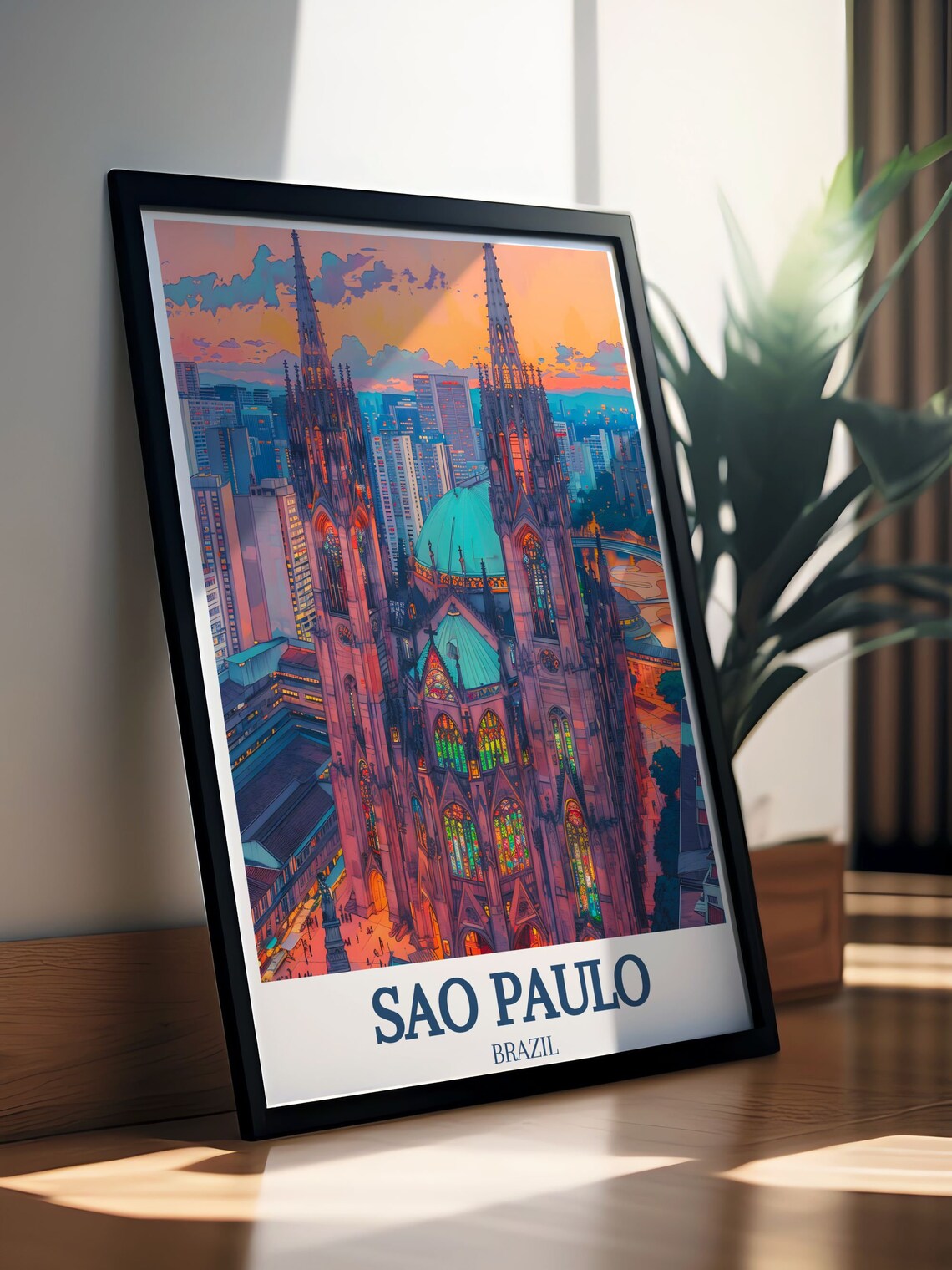 Sao Paulo Brazil Cathedral Sunset Twin Spires City Travel Poster - Image 3