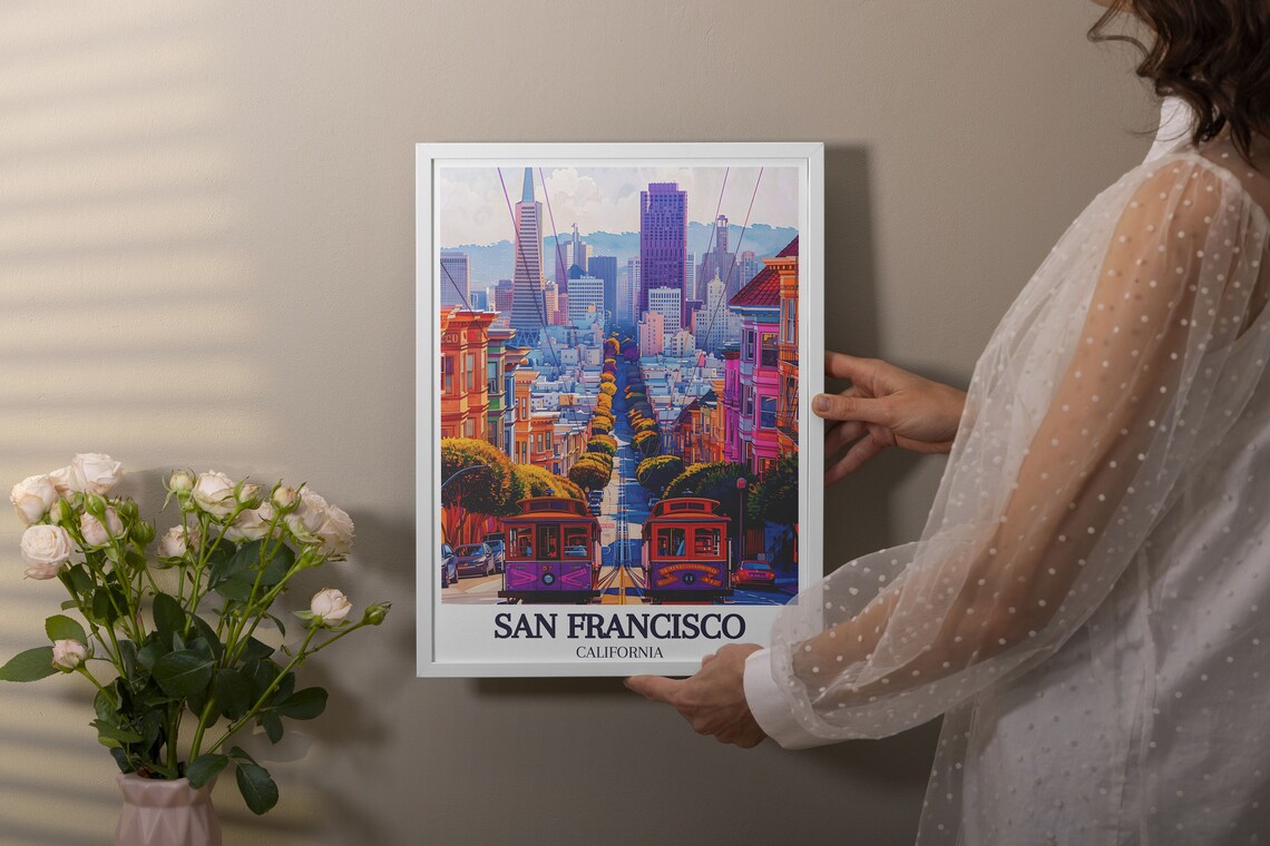 San Francisco California Street Cable Cars Skyline Art Poster - Image 2