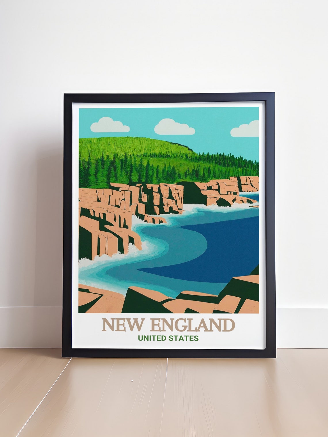 New England Rocky Cliffs Teal Ocean Waves Coastal Travel Poster - Image 4