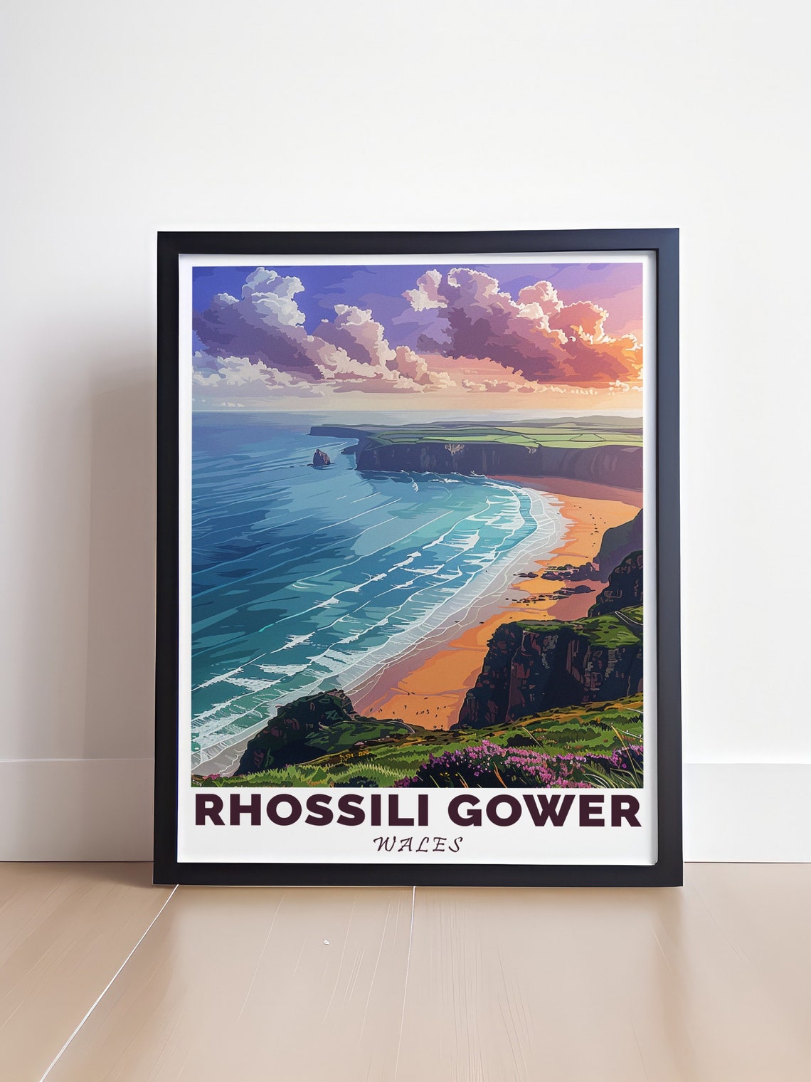 Rhossili Gower Wales Bay Sunset Golden Cliffs Surf Travel Poster - Image 4