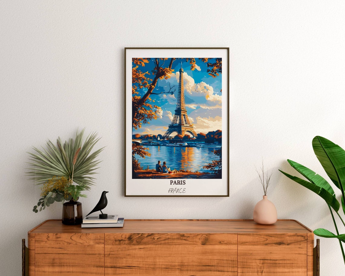 Paris Eiffel Tower Riverbank Golden Evening Picnic View Poster - Image 3