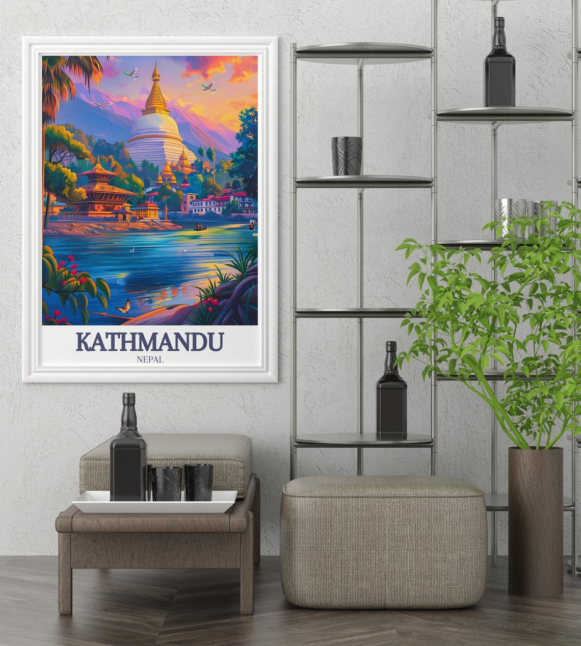 Kathmandu Nepal Stupa River Sunset Vibrant Illustrative Art Poster - Image 3
