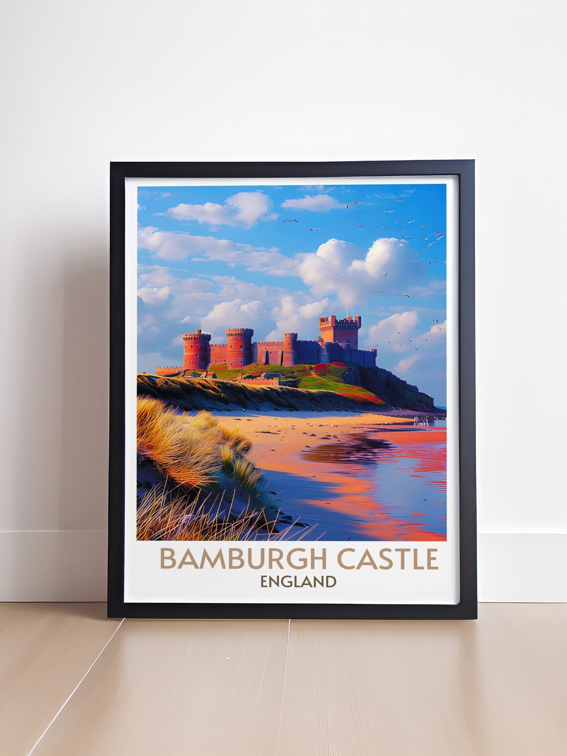 Bamburgh Castle England Sunset Beach Coastal Dunes Travel Poster