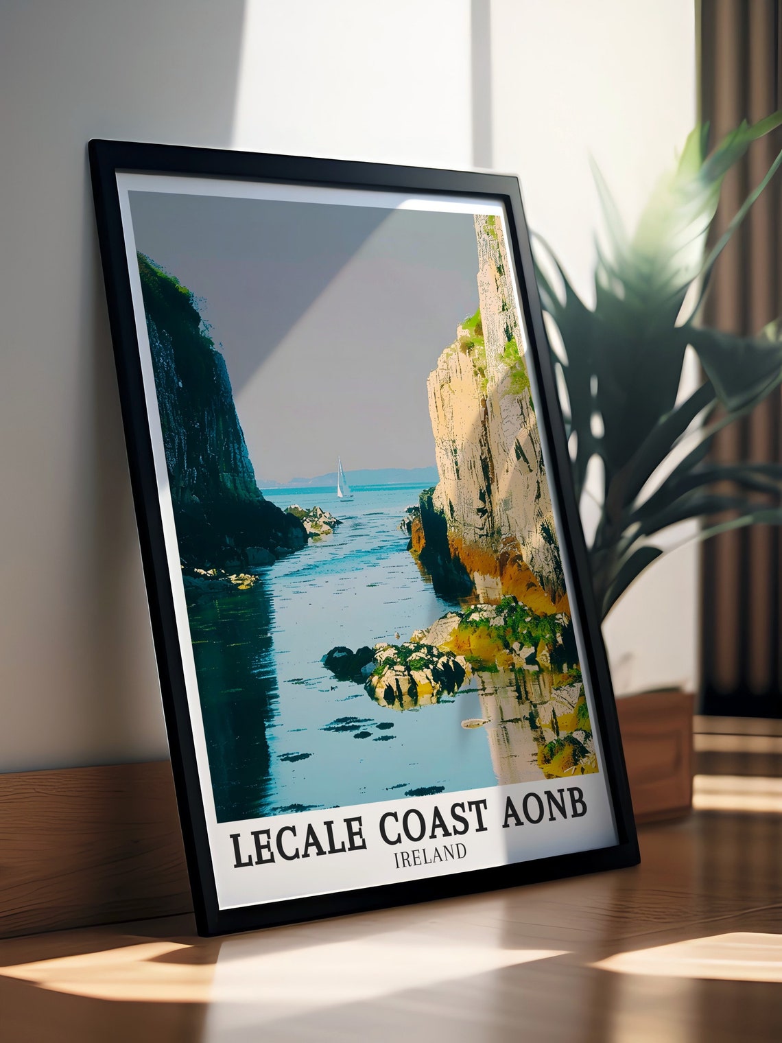 Lecale Coast AONB Rocky Cliffs Sailboat Ireland Travel Poster - Image 3