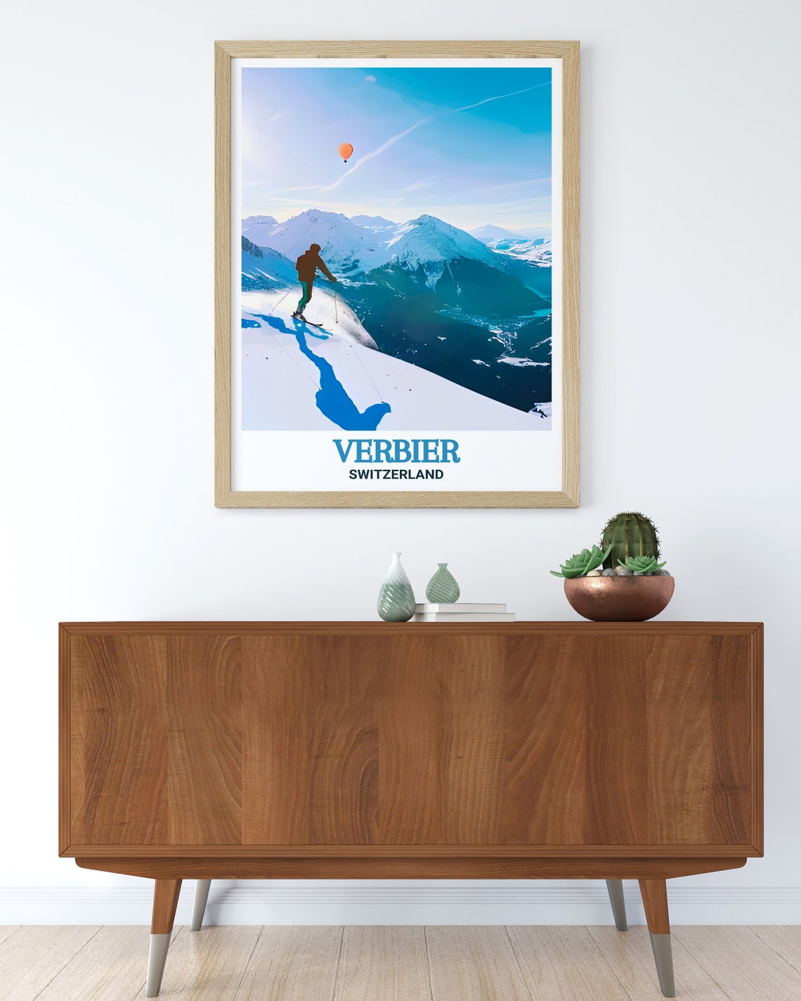 Verbier Switzerland Skier on Alpine Peak Hot Air Balloon Poster - Image 3