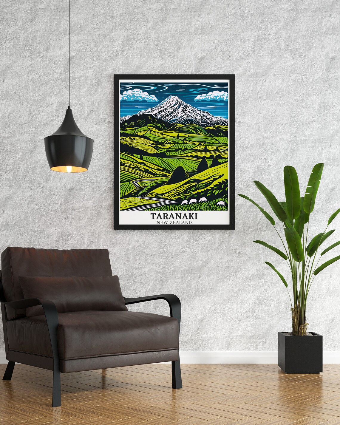 Mount Taranaki Woodblock Style Green Valley Sheep Travel Poster - Image 3