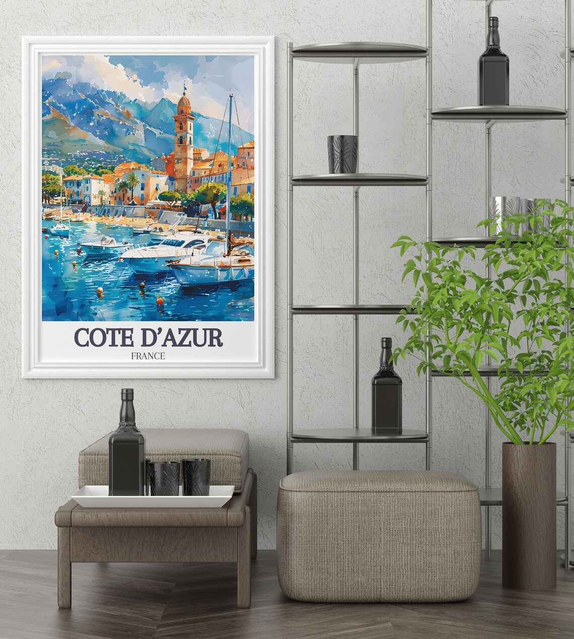 Cote d'Azur France Harbor Sailboats Coastal Hills Watercolor Poster - Image 2