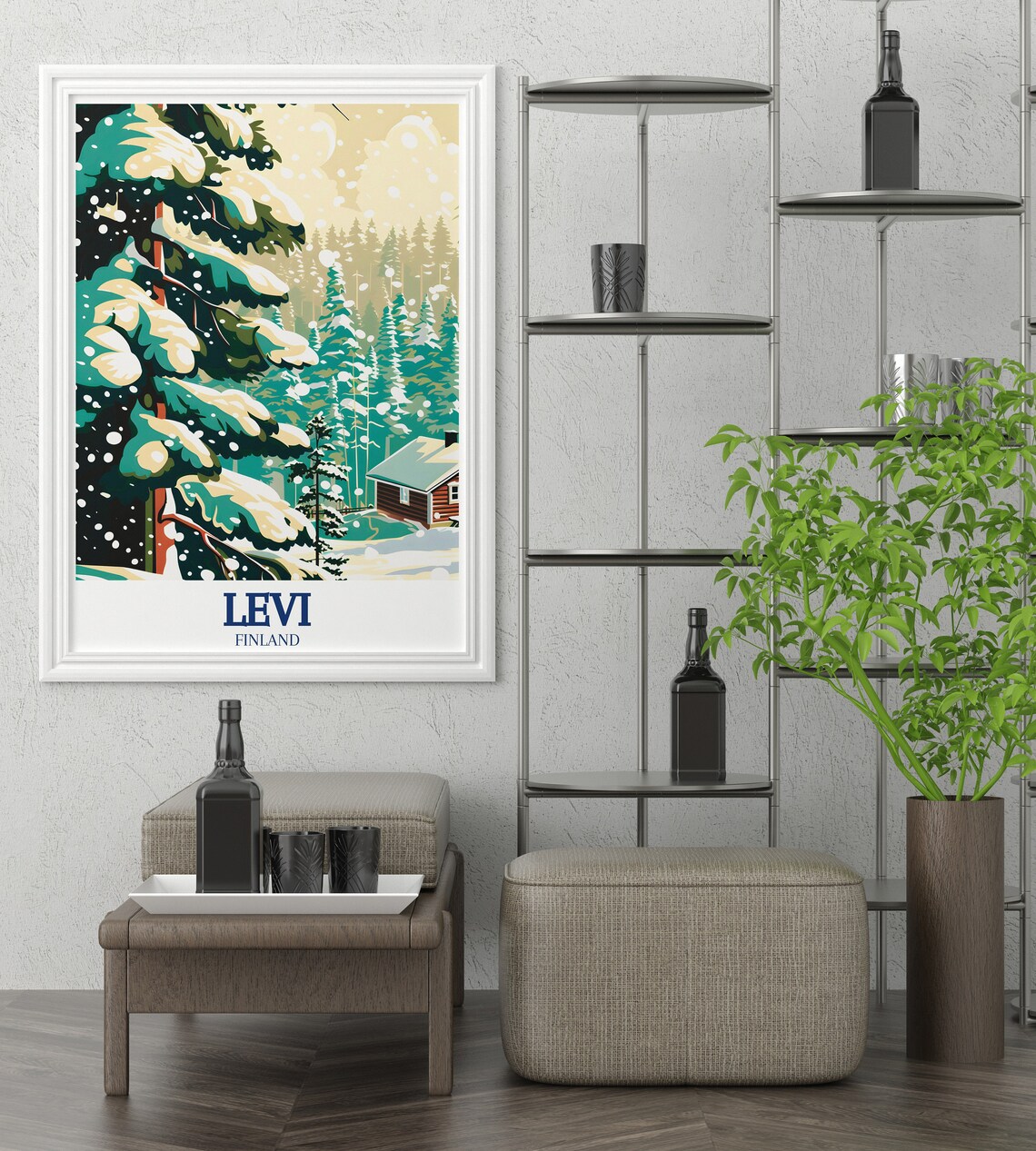 Cozy Levi Finland Snowy Forest Poster Winter Cabin Travel Art - Image 2